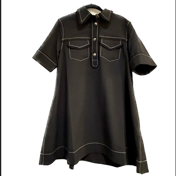 NWT Ganni Crepe Sable Mini Trapeze Dress Black with White Stitching - Picture 1 of 8